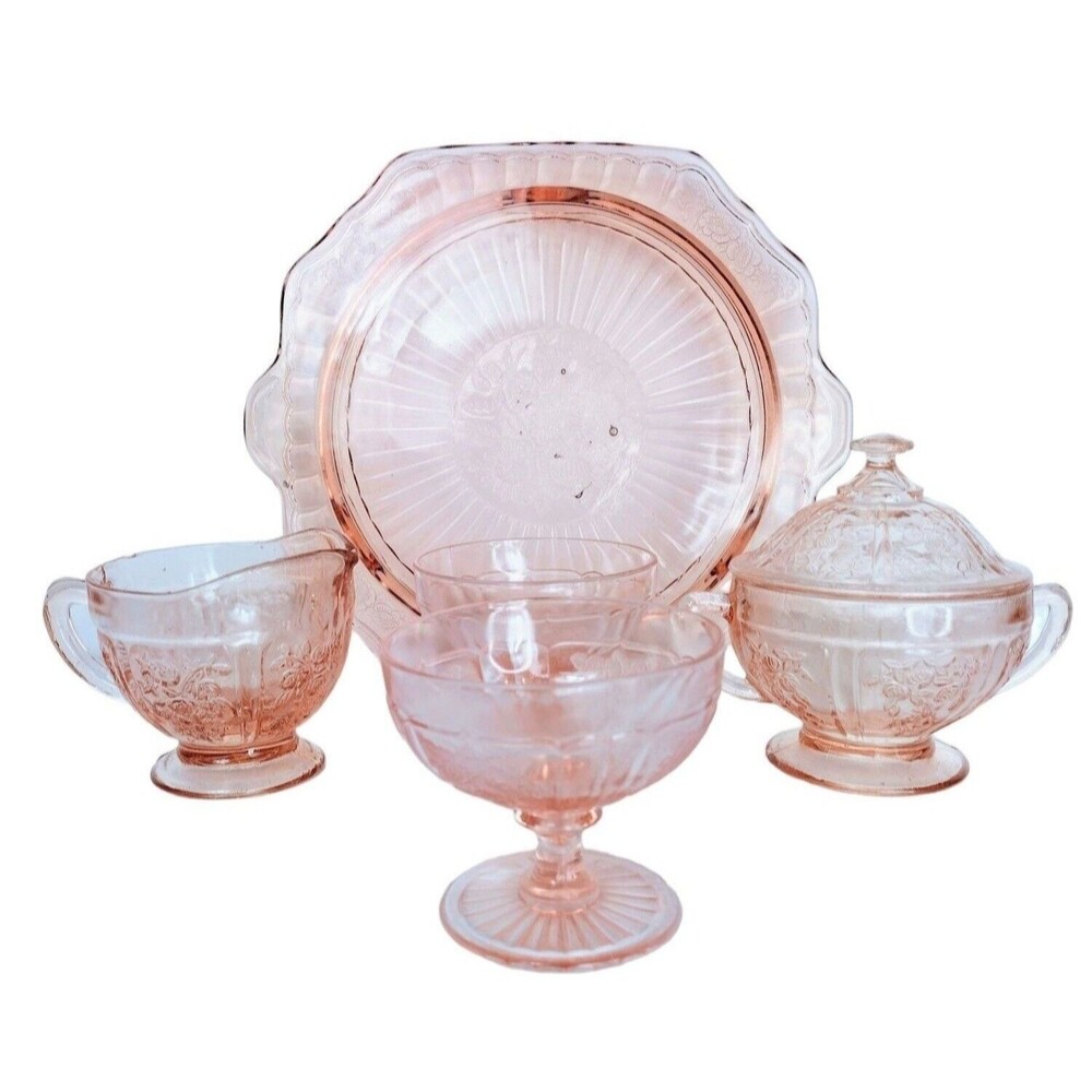 VTG 30s Pink Depression Glass Sharon Cabbage Rose Design & Berries 6 Piece Set